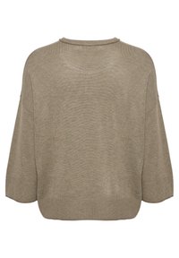 Pletený oversized svetr v taupe barvě, s designem se spadlými rameny, kulatým výstřihem a ribbovaným lemem s hladkým povrchem.