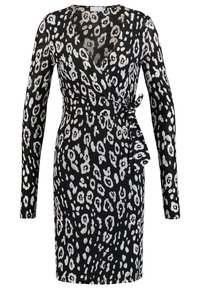 Svart omslagsklänning med långa ärmar, prydd med ett vitt leopardsmönster. Tillverkad av ett mjukt tyg med en knytning i midjan.