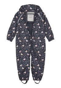 Navyblaue, wasserdichte Kinderoveralls mit Schmetterlings- und Blattmustern, elastischen Bündchen und einem Reißverschluss vorne. Mit Kapuze und verstellbaren Fußriemen ausgestattet.