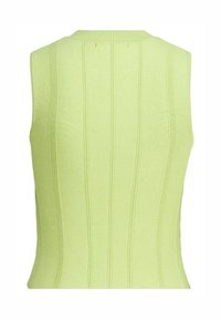 Top de canalé sin mangas en verde claro con un diseño ajustado. Presenta rayas verticales y un escote redondo. Textura de punto suave.