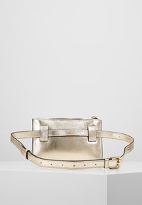 Borsa a cintura metallica dorata con texture liscia, forma rettangolare, tracolla regolabile e due dettagli in metallo sul davanti.