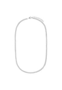 Zilveren metalen ketting met ronde schakels, voorzien van een veilige sluiting en een verstelbare ketting voor variatie in lengte. Glad, gepolijst afwerking.