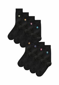 Black cotton crew socks featuring seven pairs, each with unique colorful monster designs embroidered on the ankle. Soft texture, regular fit.