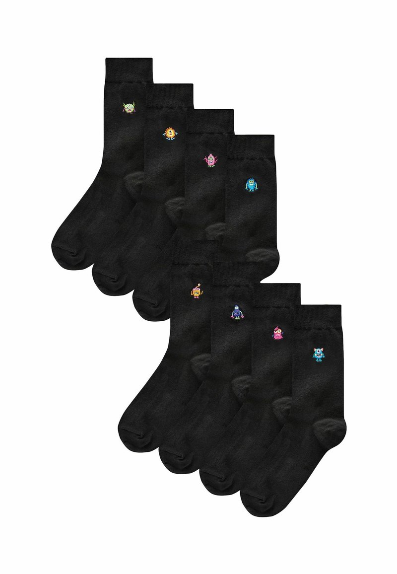 Black cotton crew socks featuring seven pairs, each with unique colorful monster designs embroidered on the ankle. Soft texture, regular fit.