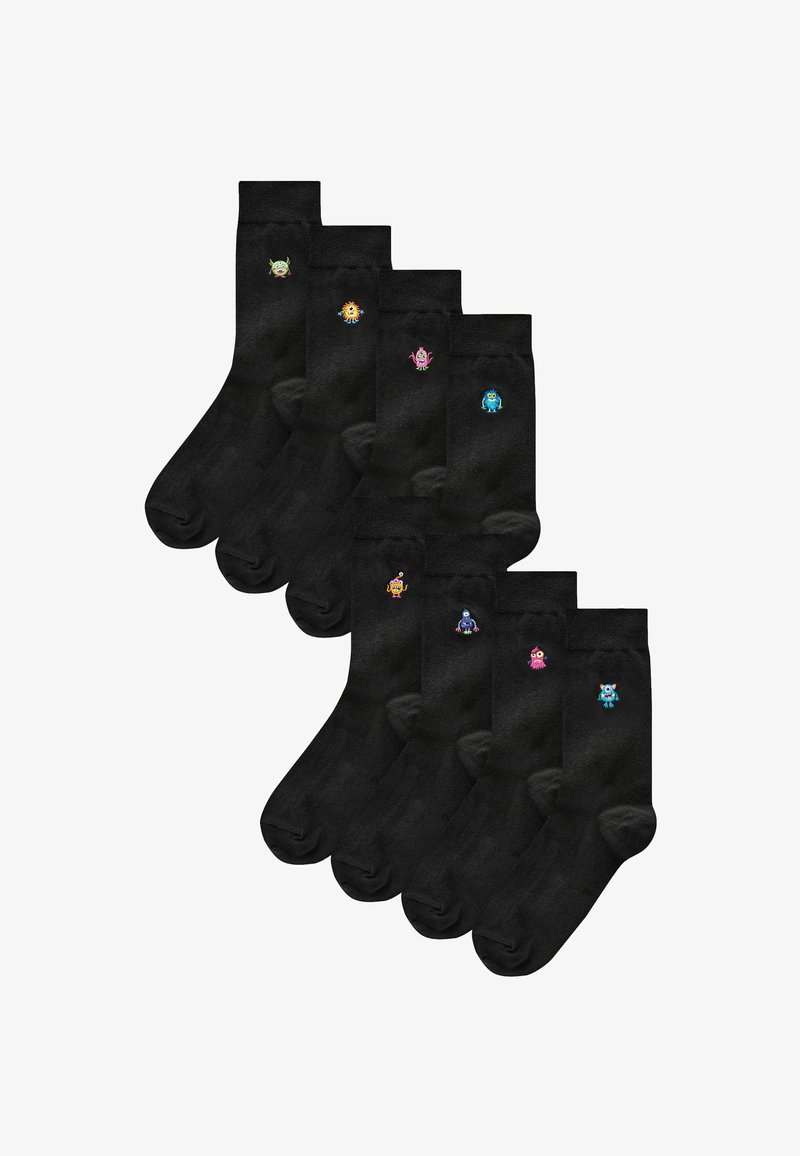 Black cotton crew socks featuring seven pairs, each with unique colorful monster designs embroidered on the ankle. Soft texture, regular fit.