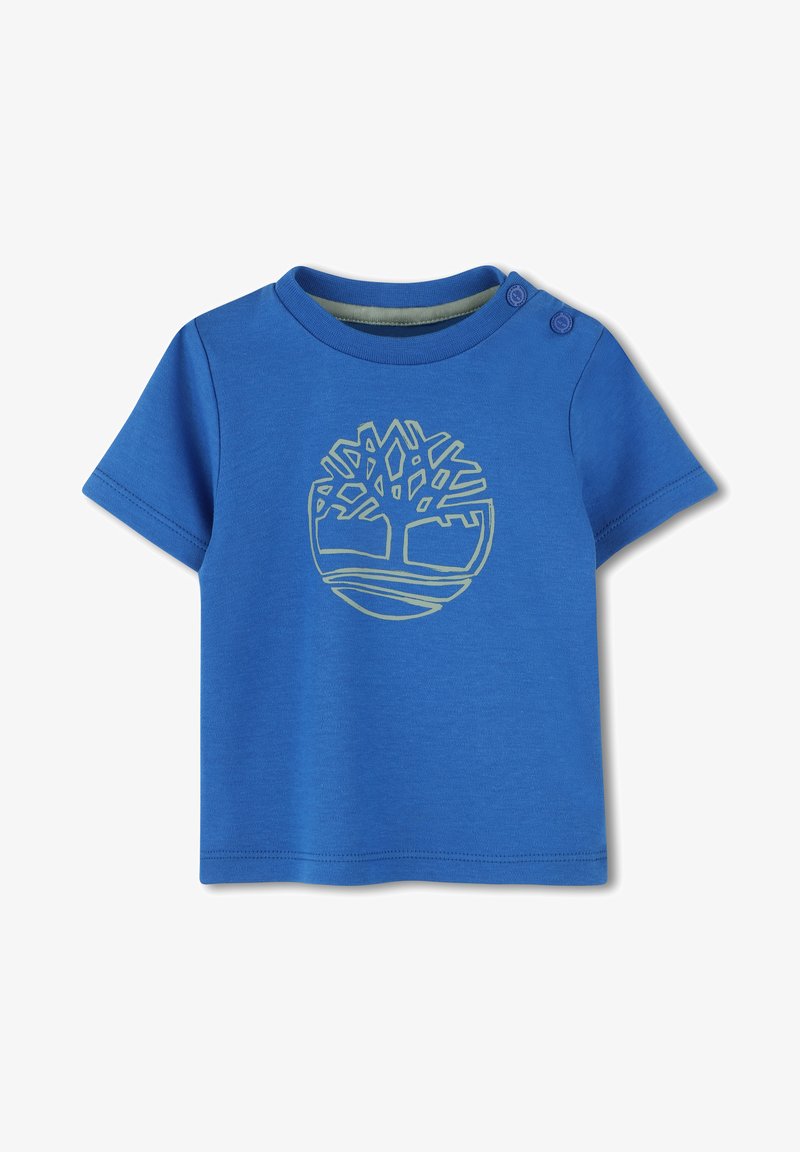 Blauwe katoenen t-shirt met korte mouwen, voorzien van een groene boomafbeelding op de voorkant en twee drukknoopjes op de schouder.