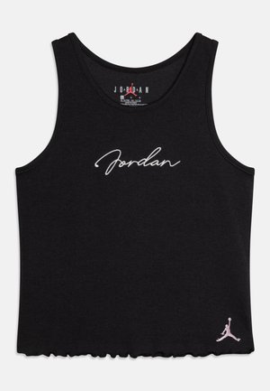Top nero a coste con ricamo bianco "Jordan" sul petto e logo Jumpman rosa in basso a destra. Design con orlo ondulato.