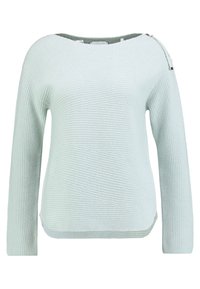 Hellgrüner Strickpullover mit langen Ärmeln, Rippstrickstruktur, Rundhalsausschnitt und einem dekorativen Reißverschluss an der Schulter.