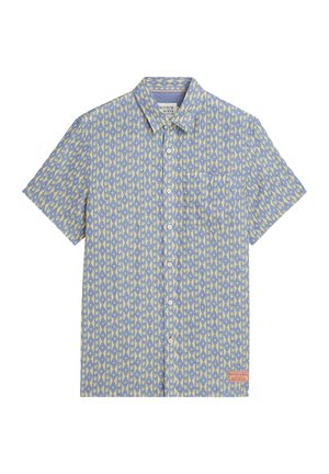 Camicia a maniche corte con bottoni, motivo geometrico azzurro chiaro e giallo e taschino davanti.