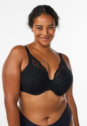 Black bra with floral lace detailing, plunge neckline, and adjustable straps. Soft texture with a fitted shape. No underwire.