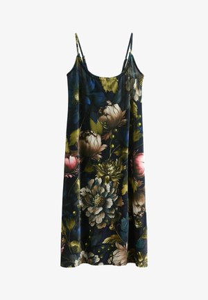 Blomstret ærmeløs kjole med en mørk baggrund og pink, hvide og grønne botaniske mønstre; blødt stof, afslappet pasform og justerbare stropper.