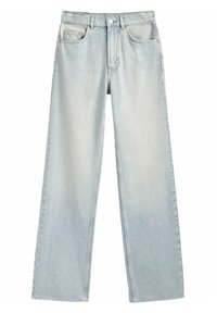 Vaaleansiniset farkut, jotka ovat korkeavyötäröiset ja leveälahkeiset. Niissä on klassinen viisi taskua -tyyli ja hieno kuluminen kauttaaltaan.