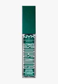 Fard à paupières liquide éclaircissant dans un tube transparent avec un capuchon vert pailleté. Caractérisé par un texte blanc audacieux, 0,25 fl oz, avec un produit scintillant à l'intérieur.