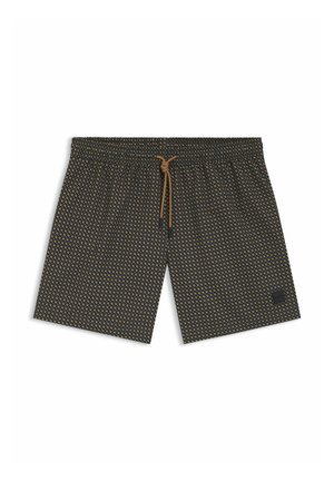 Costume da uomo scuro con fantasia, dotato di vita elasticizzata e coulisse color beige annodata al centro davanti.