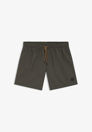 Costume da uomo scuro con fantasia, dotato di vita elasticizzata e coulisse color beige annodata al centro davanti.