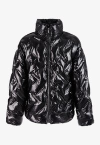 Svart pufferjacka i glänsande material med hög krage, framdragkedja och ett vadderat mönster med diagonala mönster.