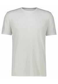 Hvid kortærmet T-shirt lavet af blødt materiale, med rund hals og ensartet tekstur samt et diskret logo på brystet.