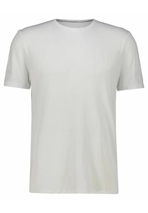 Camiseta corta blanca de manga corta, hecha de tela suave, con cuello redondo y textura lisa, adornada con un sutil logo en el pecho.