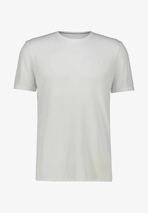 Valge lühikeste varrukatega T-särk, mis on valmistatud pehmest kangast, ümara kaelusega ja ühtlase tekstuuriga, millel on rinna peal diskreetne logo.