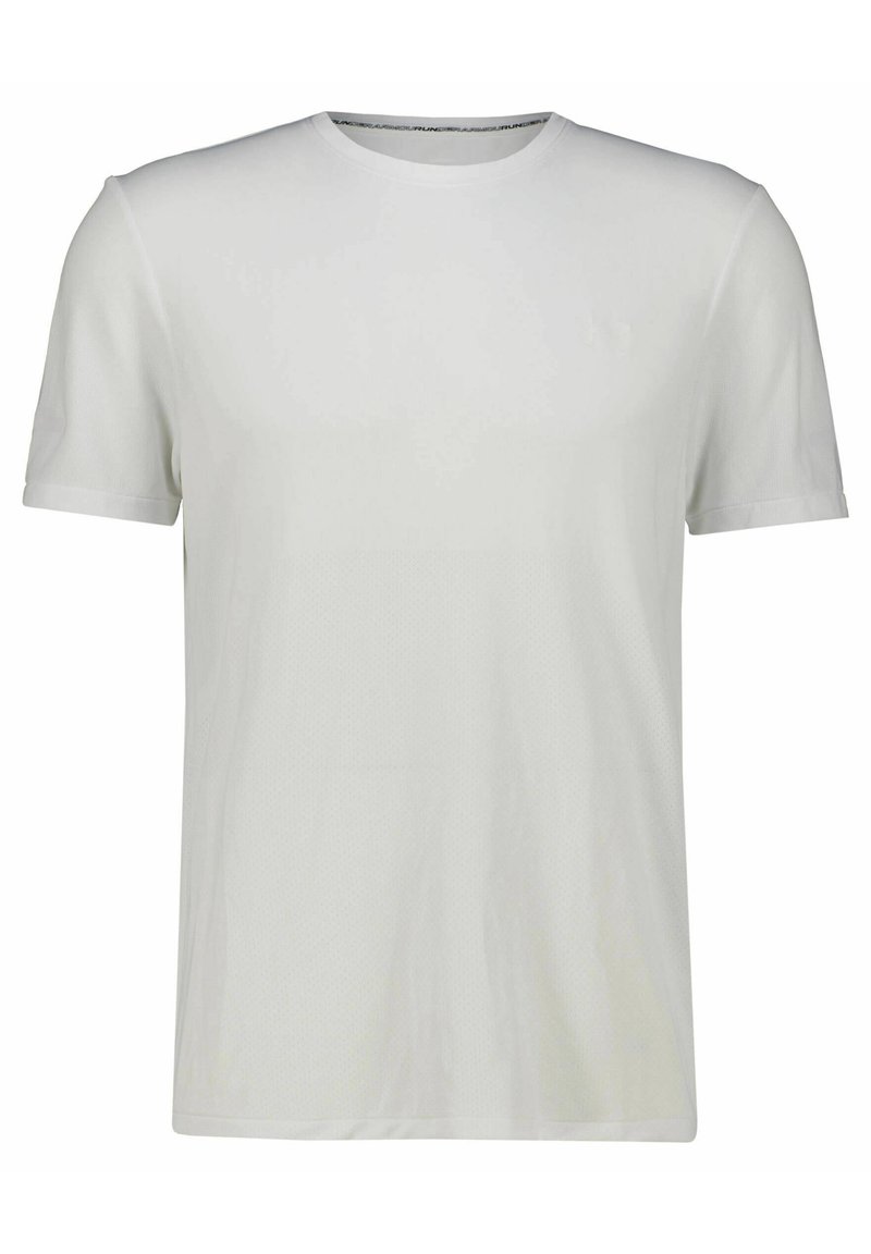 Hvid kortærmet T-shirt lavet af blødt materiale, med rund hals og ensartet tekstur samt et diskret logo på brystet.