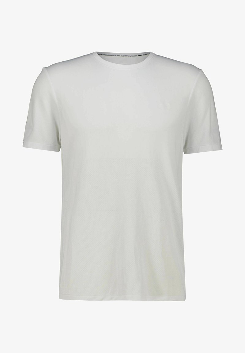 Witte T-shirt met korte mouwen van zachte stof, met een ronde hals en een eenvoudige textuur, voorzien van een subtiel logo op de borst.