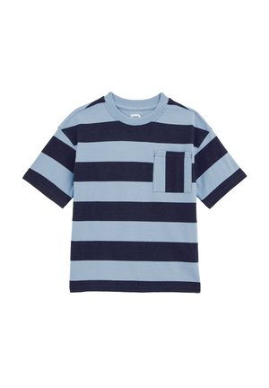 T-shirt rayé en bleu clair et marine, à manches courtes, col rond, avec une poche poitrine. Matière en coton doux, design décontracté.