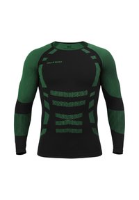 Long-sleeve athletic shirt featuring a black base with green accents and textured patterns for breathability and fit.