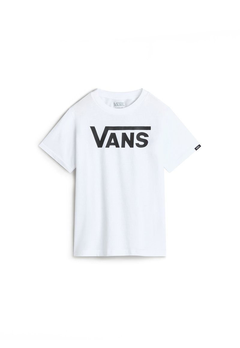 Bílá bavlněná tričko s krátkým rukávem, které má výrazné černé logo "VANS" na přední straně a malou černou nášivku na rukávu.