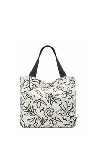 Torba na ramię w kwiatowy wzór, wykonana z jasnego materiału z czarnymi wzorami; posiada solidne czarne ramiączka i miękką formę.