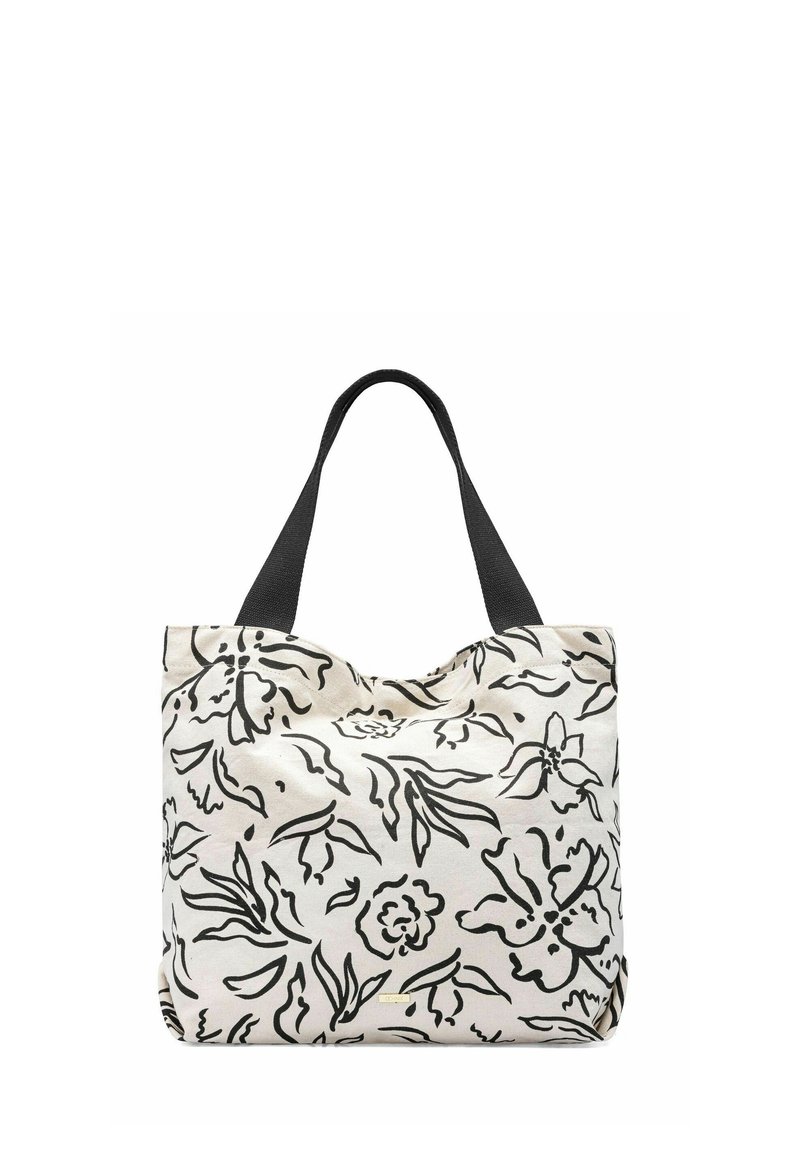 Torba na ramię w kwiatowy wzór, wykonana z jasnego materiału z czarnymi wzorami; posiada solidne czarne ramiączka i miękką formę.
