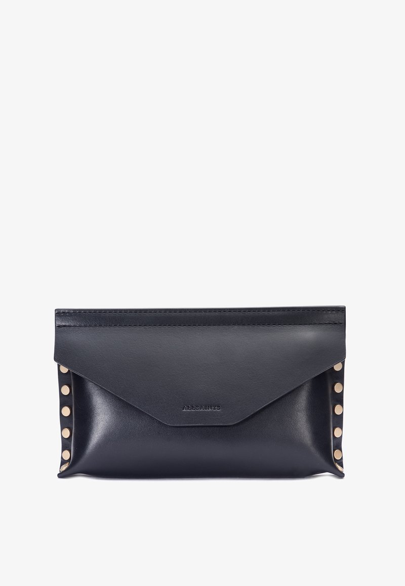 Navy leather clutch with pointed flap, featuring gold stud accents along the sides and embossed logo at the bottom front. Smooth texture.