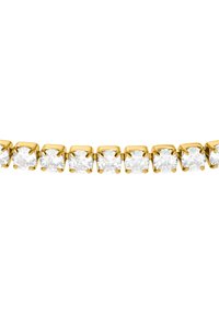 Gullkjede-armbånd med klare, runde steiner satt i gullprikker, som veksler med glatte, skinnende gulllenker for et delikat utseende.