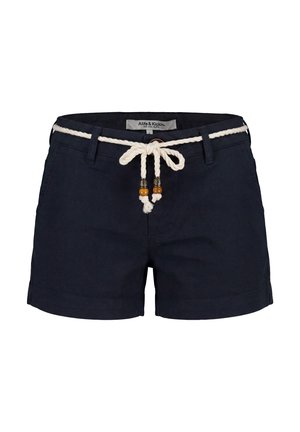 Donkerblauwe casual korte broek met een witte koordriem met houten en metalen kralen, merklabel aan de binnenkant van de tailleband.