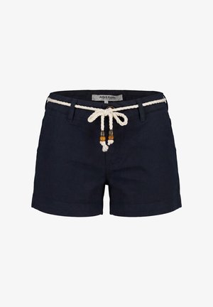 Donkerblauwe casual korte broek met een witte koordriem met houten en metalen kralen, merklabel aan de binnenkant van de tailleband.