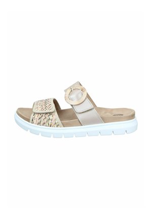 Beige slide sandal with woven front strap, adjustable buckle strap, cushioned footbed, and white rubber sole.
