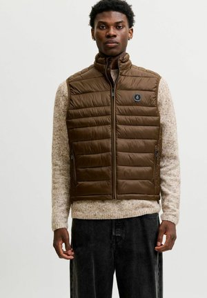 Junger Mann trägt eine braune gesteppte Weste über einem beigen gesprenkelten Pullover und schwarzen Hosen, steht vor einem schlichten hellen Hintergrund.