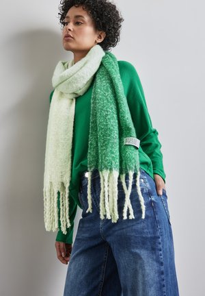 Sciarpa lavorata a maglia verde e verde chiaro con estremità frangiate, dalla morbida texture, indossata su un top verde, con un'etichetta con istruzioni per la cura.
