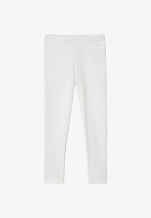 Witte geribbelde gebreide legging met elastische tailleband, volledige lengte, rechte snit, zonder zichtbare sluitingen of zakken.