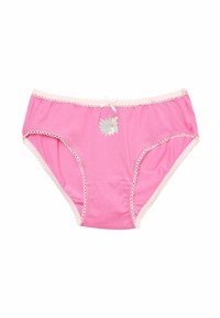 Mutandine di cotone rosa con un orlo in pizzo crema, dotate di un'etichetta con illustrazione di "Elsa & Anna" e un fiocco decorativo al centro davanti.