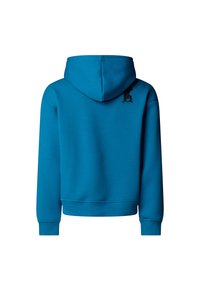 Kapucar v svetlo modri barvi, izdelan iz mehkega blaga. Ima ribaste robove in manšete ter črn grafični detajl na hrbtni strani.