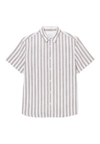 Korte mouwen overhemd met knopen in wit met lichtbruine strepen, gemaakt van katoen, met een klassieke kraag en een rechte zoom.