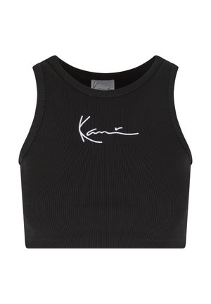 Black ribbed crop tank top with white cursive "Kani" logo centered on the chest, sleeveless design, and round neckline.