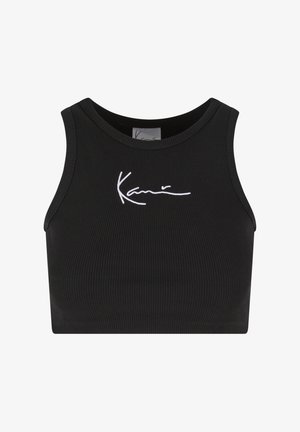 Black ribbed crop tank top with white cursive "Kani" logo centered on the chest, sleeveless design, and round neckline.
