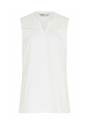 Blouse blanche sans manches avec encolure ronde, patte de boutonnage partielle à l'avant, et détails de découpe florale ajourée sur les épaules.