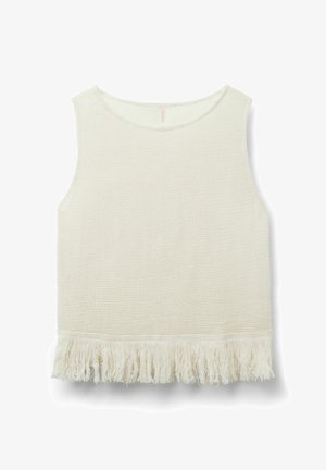 Ærmeløs striktrøje i off-white med rund halsudskæring og frynser langs nederste kant.
