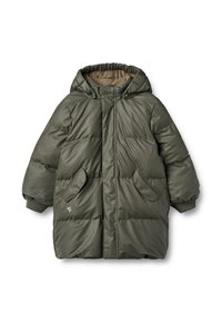 Vadderad grön parkasjacka med huva, sidofickor, ribbade muddar och en slät, glansig yta. Fodrad med ett beige material.