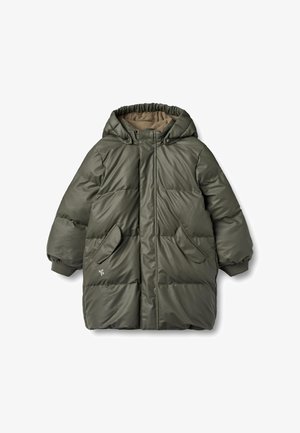 Polstret grøn parka-jakke med hætte, sidelommer, ribbede manchetter og en glat, skinnende tekstur. Foret med et beige materiale.