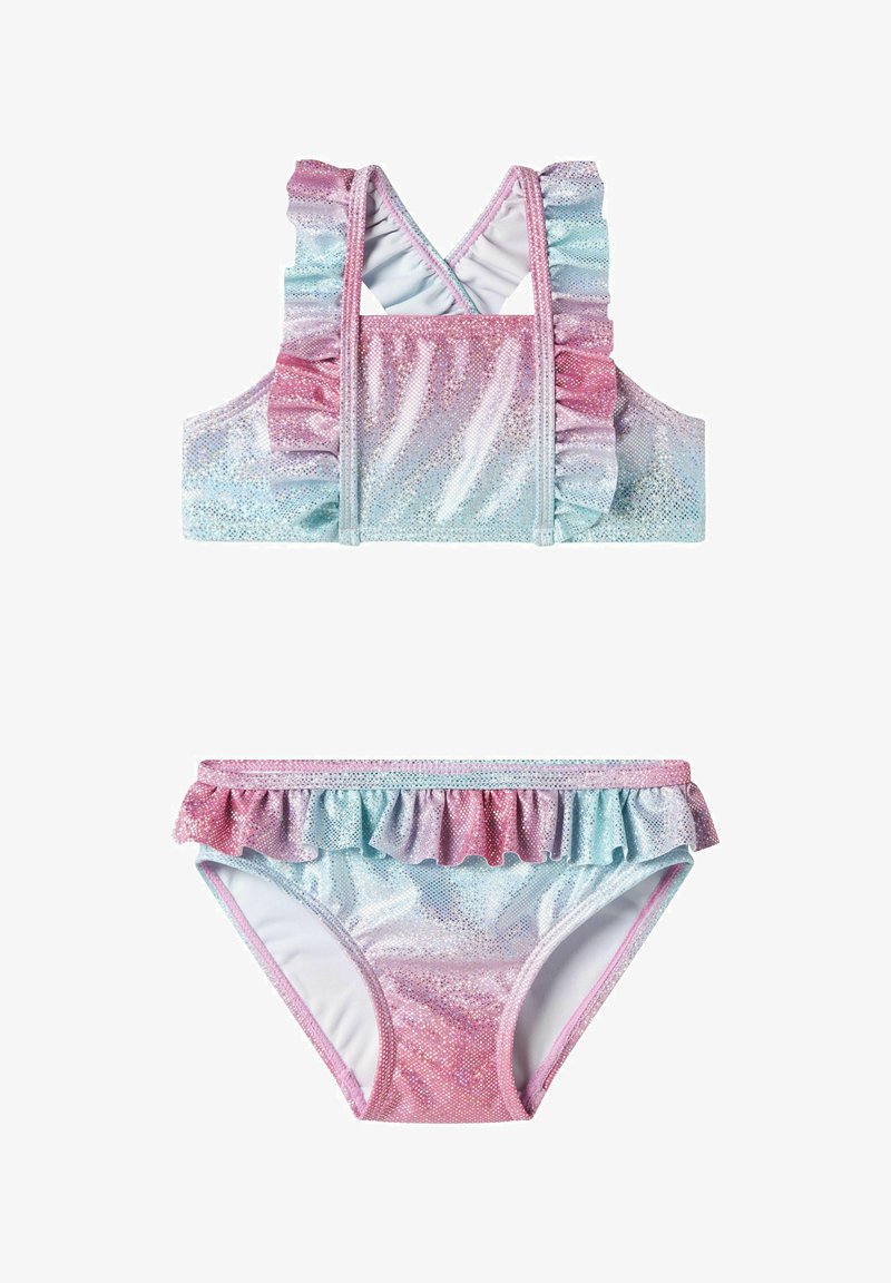 Dvodelni kupaći kostim u sjajnim pastelno bojama, s naglašenim volanima na gornjem i donjem dijelu, s dizajnom s križnim leđima.