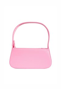 Roze synthetische handtas met een gladde textuur, rechthoekige vorm en een dunne schouderband. Voorzien van een ritssluiting langs de bovenrand.