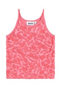 Rosa texturerad ärmlös tanktop med upphöjda mönster; logotypetikett synlig. Mjukt tyg med rund halsringning och tunna axelband.